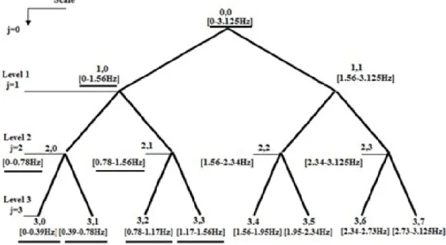 Figure  2.7:  Tree  of  the  wavelet  packet  transform  [49].  The  underlined  packets  are  the  ones  selected in this study
