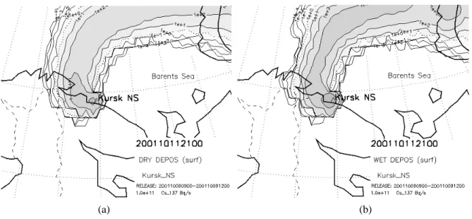 Fig. 8. Specific case of 9 October 2001 for the “unit discrete hypothetical release” of 137 Cs during the submarine transportation: (a) dry deposition and (b) wet deposition fields at 11 October 2001, 21:00 UTC.