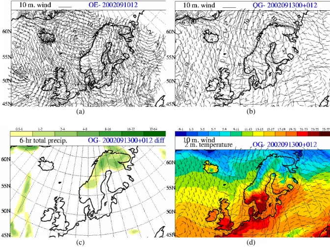 Fig. 10. Specific case of 10 September 2002 – meteorological fields: (a) analysed wind at 10 m for 10 September 2002, 12:00 UTC (DMI- (DMI-HIRLAM, E-version), (b) forecasted wind at 10 m for 13 September 2002, 12:00 UTC (DMI-(DMI-HIRLAM, G-version), (c) fo