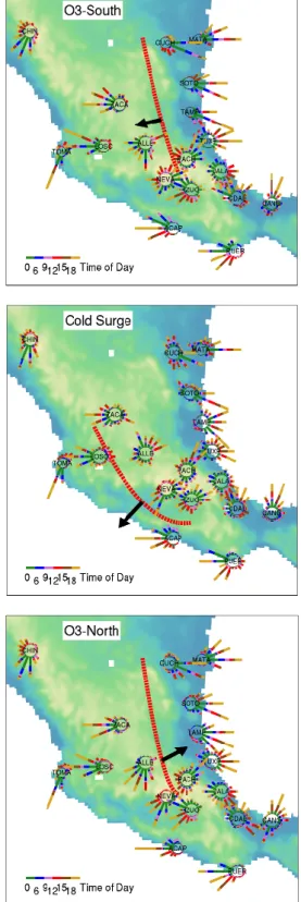 Fig. 11. “Time roses” for selected SMN surface stations on the na- na-tional scale for O3-South, Cold Surge and O3-North