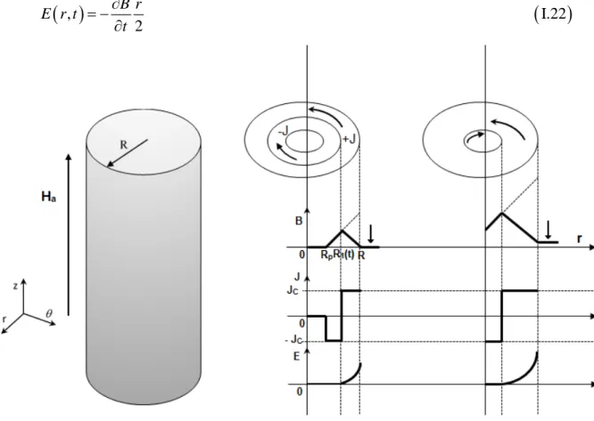 Figure I.17 : Distribution de B, J, E dans un cylindre supraconducteur soumis à un  champ magnétique parallèle à son axe