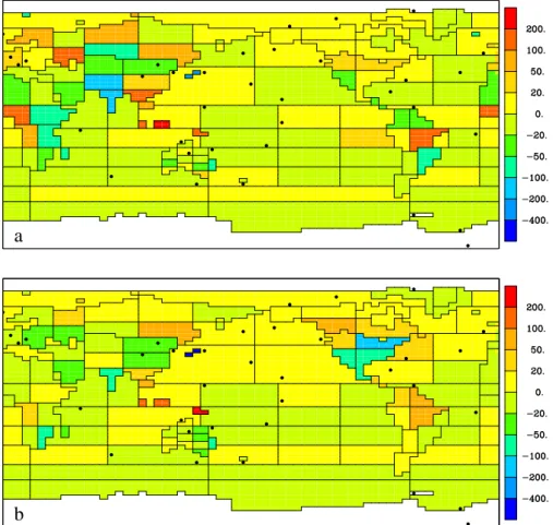 Fig. 1. Bias in 1982–1997 mean source for (a) the 4HR inversion and (b) the MON inversion