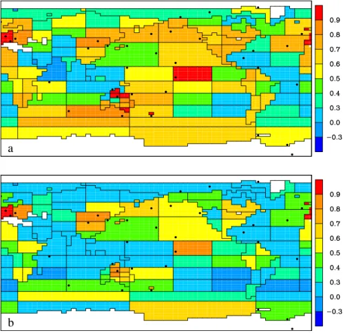 Fig. 3. Correlation between estimated and correct residual sources for (a) 4HR and (b) MON inversions.