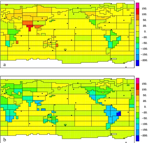 Fig. 4. Difference in standard deviation of estimated and correct residual sources for (a) 4HR and (b) MON inversions