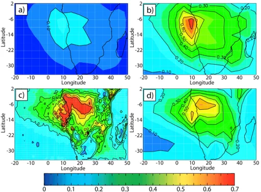 Fig. 3. Monthly mean aerosol optical depth for September at a wavelength of 0.55 µm for (a) OC + BC component in the GCM; (b) OC + BC component in GCM increased by a factor of 4.4 as derived from comparison with AERONET measurements; (c) MODIS total column