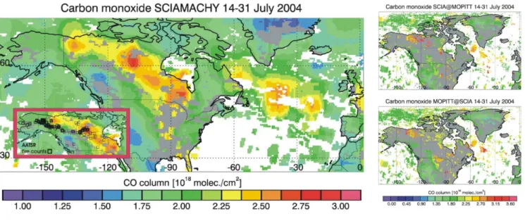 Fig. 6. Left: SCIAMACHY CO measurements over North America during the second half of July 2004 showing elevated levels of CO originating from fires in Alaska and Canada (the location of the fires is shown using AATSR fire counts obtained from http://dup.es