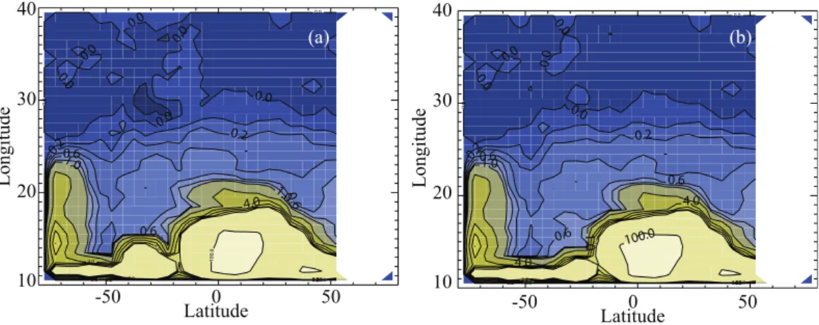 Fig. 3. CALIPSO stratospheric 532-nm aerosol backscatter profiles for (a) 2 July 2006 including all latitudes and longitudes and (b) the same day with all observations between 0 ◦ and 60 ◦ S and 30 ◦ E and 90 ◦ W