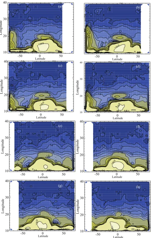 Fig. 7. Cross sections of CALIOP aerosol attenuated backscatter at 532 nm where the total backscatter has been adjusted for molecular and ozone attenuation and areas impacted by the SAA have been excluded for (a) 2 July 2006, (b) 31 July 2006, (c) 26 Augus