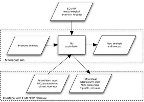 Fig. 2. Flowchart for the DOMINO forecast/assimilation subsystem. The lowest part shows the input-output interface with the NRT- NRT-subsystem.