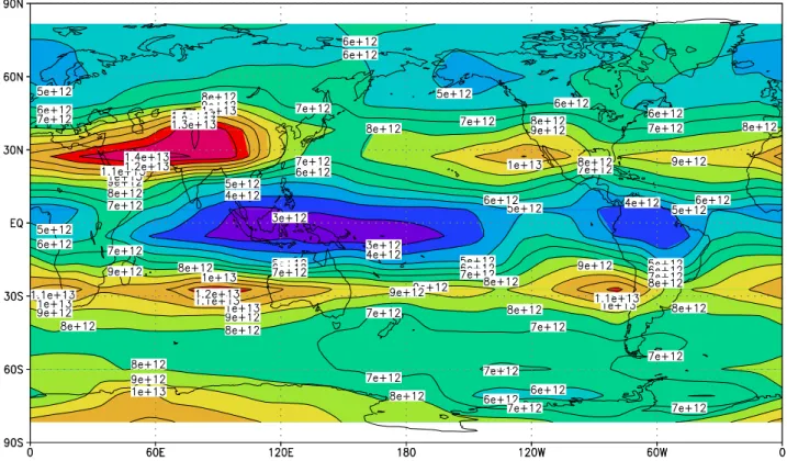 Fig. 7. Annually averaged tropospheric vertical column of BrO (in molec cm −2 ) for the scenario “high lat”