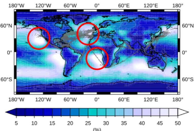 Fig. 9. Annual mean (1983–2004) low cloud amount (%) derived from ISCCP (International Satellite Cloud Climatology Project) satellite data (Rossow et al., 1996)