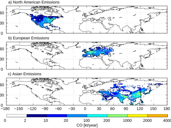 Fig. 1. Anthropogenic CO emissions in kilotons CO per year and 1 ◦ × 1 ◦ grid cell according to the EDGAR inventory for the base year 1990 for North America (a), Europe (b) and Asia (c).