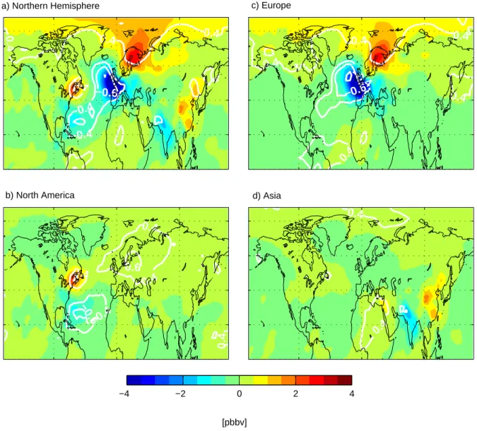 Fig. 5. Maps of the slopes (ppbv per index unit) between the 30-day-lifetime model tracer, and the NAO index in winter, for (a) all three NH source continents together, (b) North America alone, (c) Europe alone, and (d) Asia alone