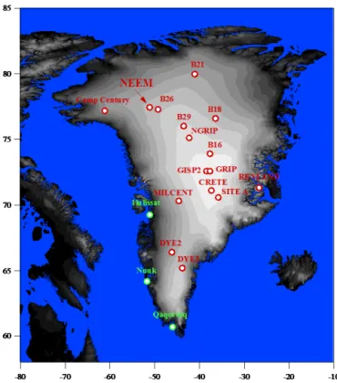 Figure 1. Map of Greenland showing the position of ice core records (red) and meteorological stations (green) used to establish a SW Greenland instrumental temperature record