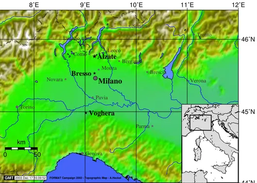Fig. 1. Map of the measurement area, showing the Po-Valley in northern Italy. The location of the measurements presented here was Alzate, 50 km north of Milan