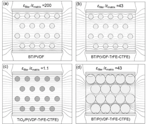 Figure 1.10: The outline contours of the numerically simulated electric field distortion in dif- dif-ferent ceramic/polymer composites: (a) BaTiO 3 /PVDF, (b) BaTiO 3  /P(VDF-TrFE-CTFE)