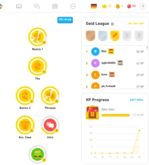 Figure 1: A screenshot from the Duolingo app. Here learners can access a leader- leader-board where they can compare their progress with other learners