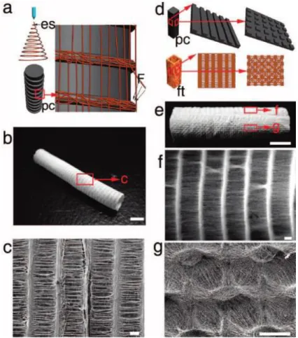 Figure 19: a) Schematic illustration of collecting process using a cylindrical collector with equally  spaced circular protrusions (es, electrospinning process; pc, patterned collector)