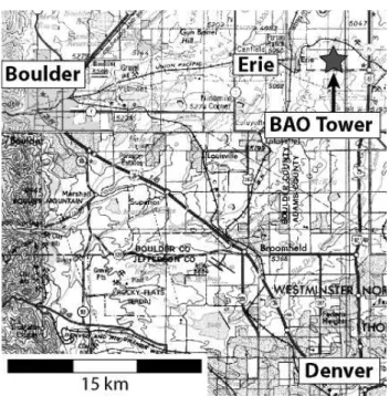 Fig. 1. Map of the Denver-Boulder area (Colorado, USA) showing the location of the Boulder Atmospheric Observatory (BAO).
