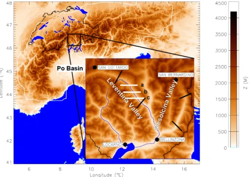 Fig. 1. Investigated valleys in southern Switzerland. White solid lines a–c indicate lidar transects above the Leventina Valley