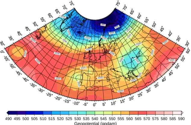 Fig. 1. Geopotential (colour, in gpdam) at 500 hPa and surface pressure (black curves, isobars in hPa) for the 21 March 2000, 00:00 UTC.