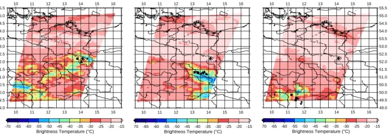Fig. 4. As Fig. 3, but at 23:30 UTC on 20 March 2000 (left), 01:30 UTC (middle) and 05:30 UTC (right) on 21 March 2000