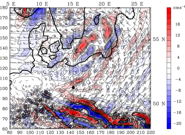 Fig. 6. Vertical velocity (cms −1 , colour shaded and thin black iso-contours with 1w=2 cms −1 and horizontal wind speed (m/s, barbs; long: