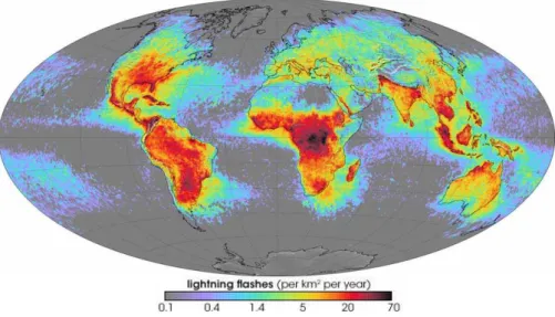 Fig. 9. Global distribution of annually averaged lightning flash frequency density derived from data of LIS between 1997 and 2002, and OTD between 1995 and 2000 (from NASA’s Global Hydrology and Climate Center at Marshall Space Flight Center, 2006)