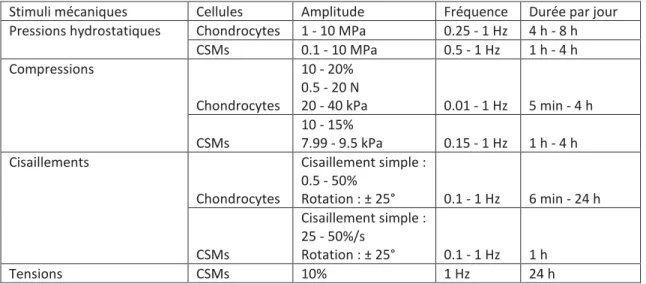 Tableau 3 – Stimulations mécaniques ayant conduit à la régulation positive de l’expression des gènes  de  la  chondrogenèse  ou  à  l’accumulation  de  matrice  extracellulaire  pour  des  biopsies,  ou  des   néo-tissus, comportant des chondrocytes ou des