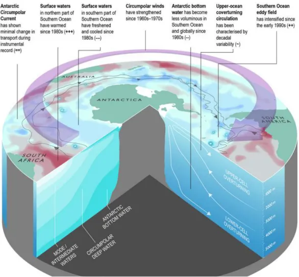 Figure  5  :  Représentation  de  quelques  changements  environnementaux  majeurs affectant l’océan Austral