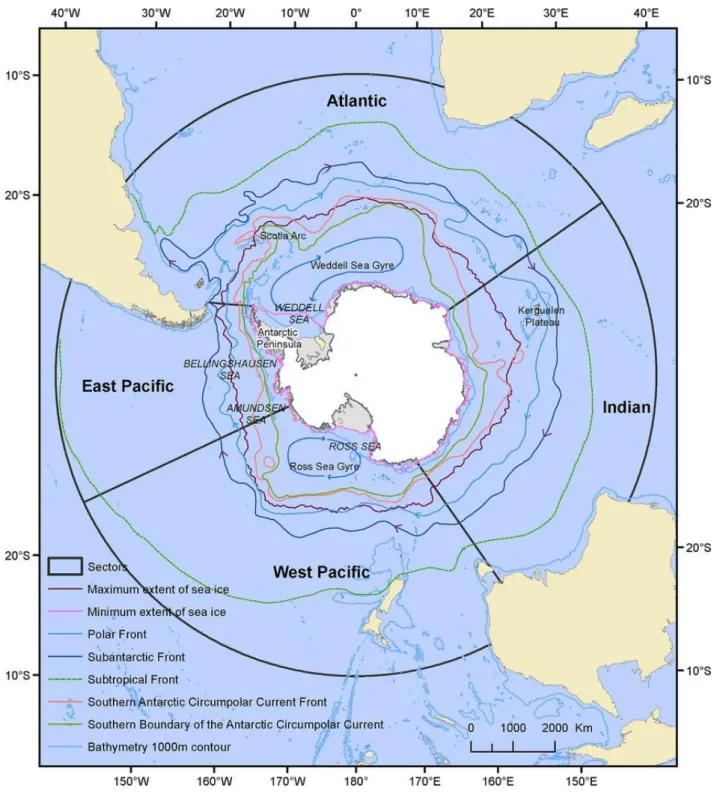 Figure  6  :  Système  concentrique  des  principales  structures  frontales  observées dans l’océan Austral