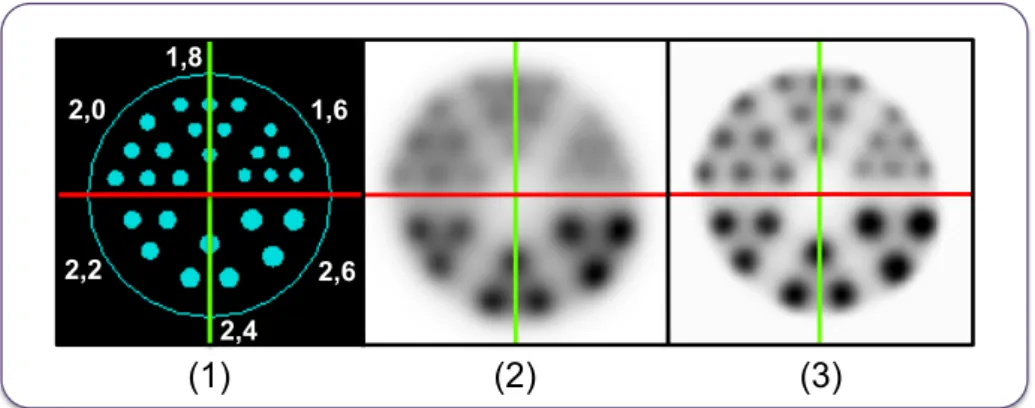 Figure 2.11: Exemple d’un fantôme de type Derenzo simulé avec GATE pour un système TEP dédié au petit animal, avec (1) la géométrie simulée et la taille des inserts de chaque région (en millimètre) et des exemples d’images reconstruites de résolutions spat