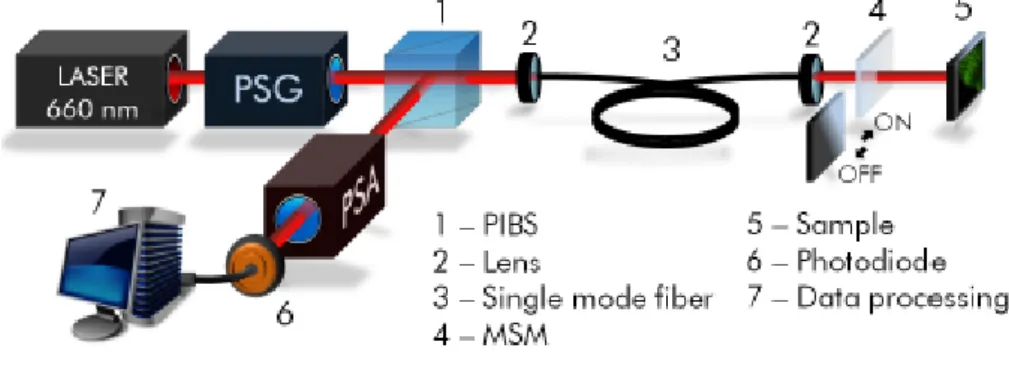 Figure 2.12 – Montage expérimental construit par Manhas et al. [83] pour mesurer les matrices de Mueller de la fibre seule (position ON du miroir) et de l’ensemble “fibre + échantillon” (position OFF du miroir)