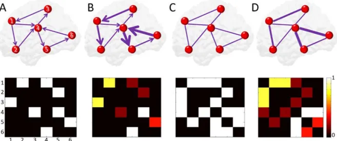 Figure 2: Graphs and adjacency matrices. A) Binary directed network. B) Weighted directed network