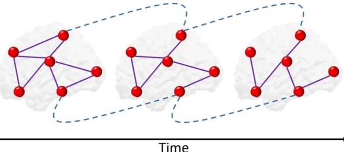 Figure 12: Multislice modularity approach. A coupling parameter that links nodes across time windows is  introduced before performing the modularity maximization procedure to dynamically track modules  changes during time