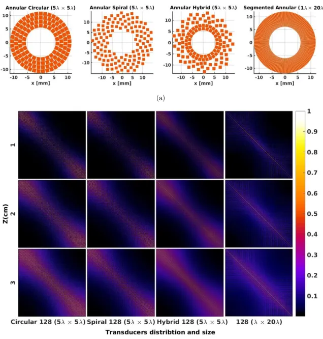 Figure 4.11: (a) Schematic of virtual annular arrays of 128 elements varying in geometrical distribution
