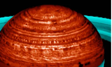 Figure 4: Infrared image taken by the Cassini VIMS instrument in the 5 µm band of the northern hemisphere of  Saturn, showing zonal bands and various waves and eddies (such as the `string of pearls’ around 40 o N),  representing features located in the ver