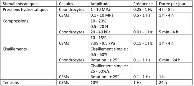 Tableau 3 – Stimulations mécaniques ayant conduit à la régulation positive de l’expression des gènes  de  la  chondrogenèse  ou  à  l’accumulation  de  matrice  extracellulaire  pour  des  biopsies,  ou  des   néo-tissus, comportant des chondrocytes ou des
