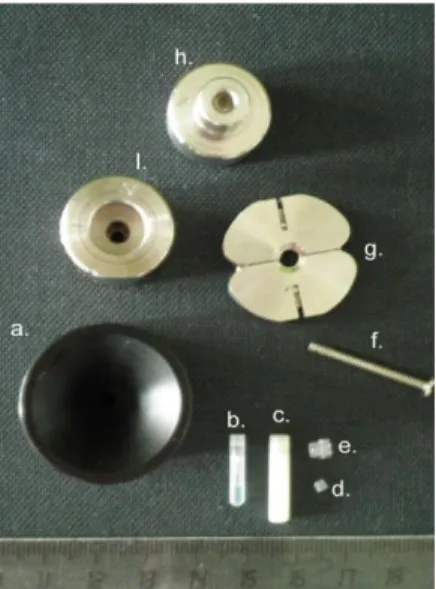Figure  13. Equipement servant à la mise en place de l’échantillon, (a) dispositif pour la fermeture  du rotor, (b) insert en PCTFE de 30μl, (c) rotor en ZrO 2  de 50μl, (d) bouchon d’insert en PCTFE,  (e)  bouchon  à  ailettes,  (f)  vis  d’insertion  et 