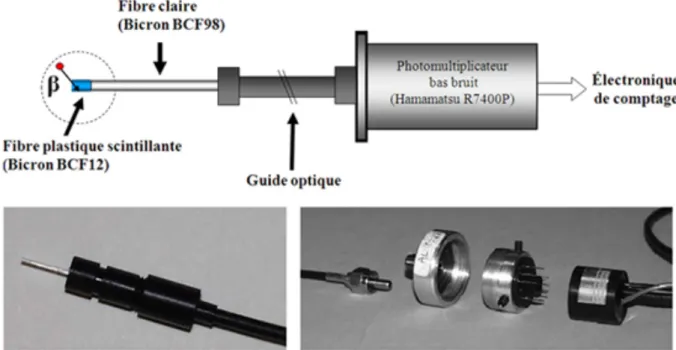 Figure 6.  Chaine de photo-détection de la sonde SIC. A) schéma général incluant la sonde , le guide optique et  le photodétecteur B) Sonde SIC de diamètre 500 micromètres insérée dans une férule en delrin collée dans un  connecteur miniaturisé permettant 