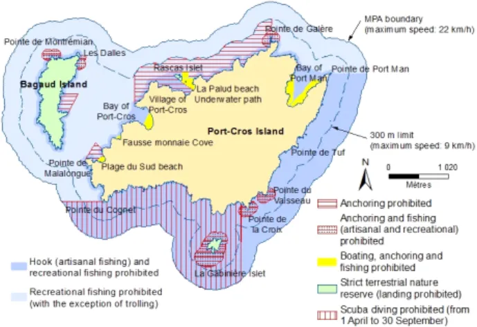 Fig. 1. Artisanal and recreational fishing regulations within different areas of the  Port-Cros Archipelago MPA