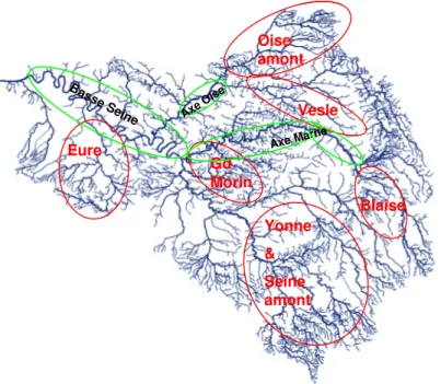 Figure 1. Zone échantillonnées dans le réseau hydrographique de la Seine 