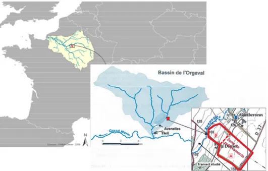 Figure 2 : a) Localisation de la zone de mesures deN 2 O et CH 4  en chambres  dans le bassin de l’Orgeval ;