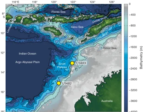 Figure F7. Northwest Australian margin (yellow box in Figure F3) showing the location of Sites U1482 and U1483 (yellow circles) on the Scott Plateau