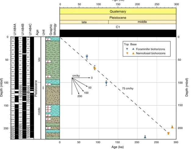 Figure F14. Age-depth plot for calcareous nannofossil and planktonic foraminifer biohorizons, Site U1484