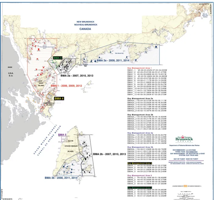 Figure 2.  Map of the South Coast of New Brunswick, distribution of lease sites for salmon  production, and Beach Management Area designations used in rotation of production 