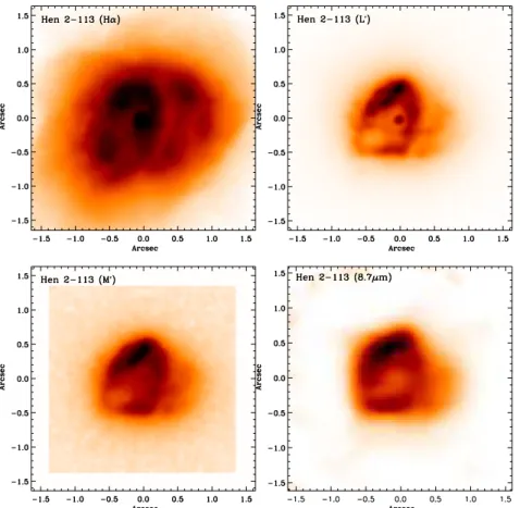 Fig. 1. Comparison of the HST image in Hα (upper left), the NACO L’(upper right) and M’ (lower left), and the deconvolved MIDI acquisition image at 8.7µm