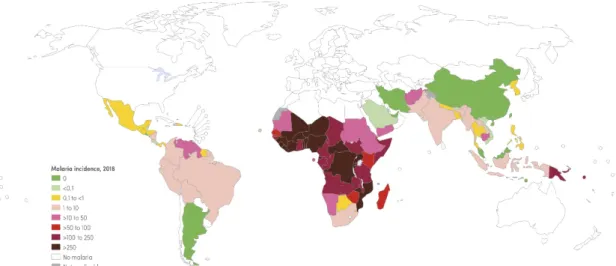 Figure 1.1 Incidence des cas de paludisme dans le monde, en 2018. 