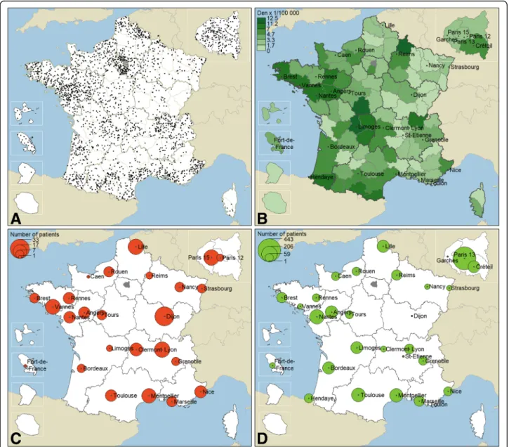 Fig. 3 Cartography of place of residence of enrolled DM participants. a The individual representation (N = 2875)