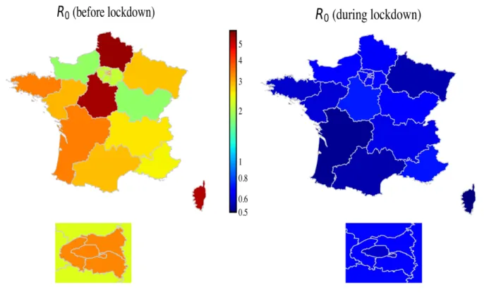 Figure 12: Maps of basic reproduction factors in France (top) and Paris area (bottom) before (left) and during (right) lockdown for the SEAFHCDRO model.